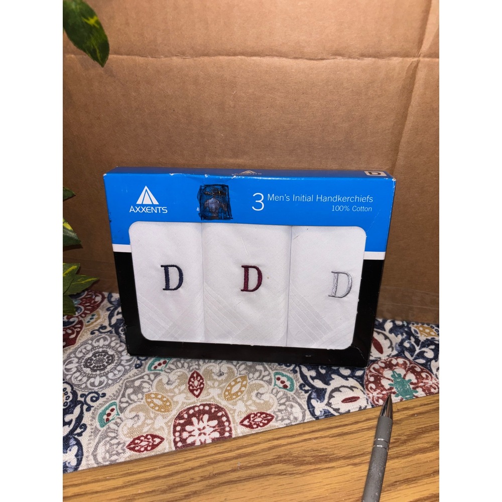 Axxents Mens Initial Handkerchiefs 3 Pack White Cotton Monogram Letter D New